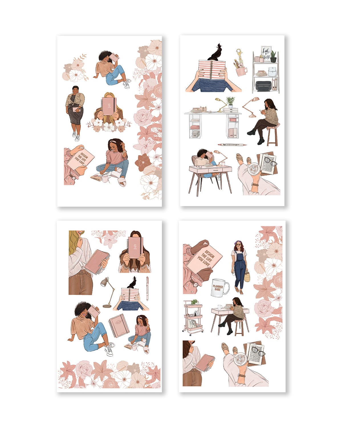 Delightful stickers illustrating cozy office spaces and stylish accessories, ideal for infusing a touch of flair into planners and journals.