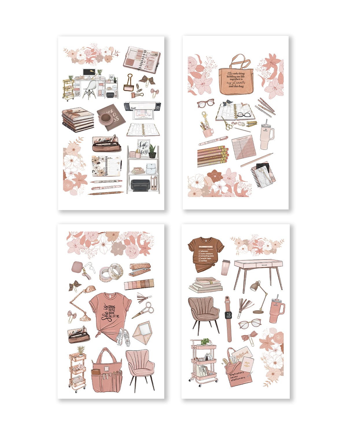 Stickers brimming with essential planner items like chic coffee cups, trendy notebooks, bag, and flowers in lively colors.