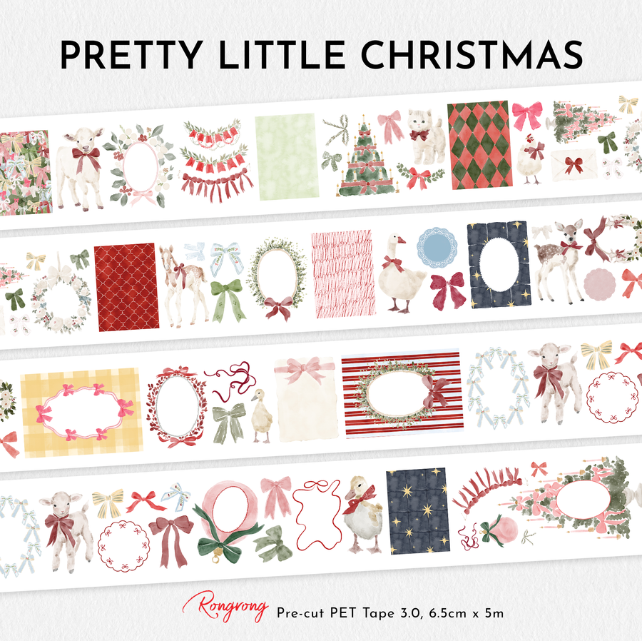 Pretty Little Christmas Pre-cut PET Tape 3.0 featuring watercolor Christmas illustrations including lambs, fawns, kittens, geese, bows, wreaths, Christmas trees, festive frames, floral arrangements, gift tags, and elegant holiday decorations for planners and journals.