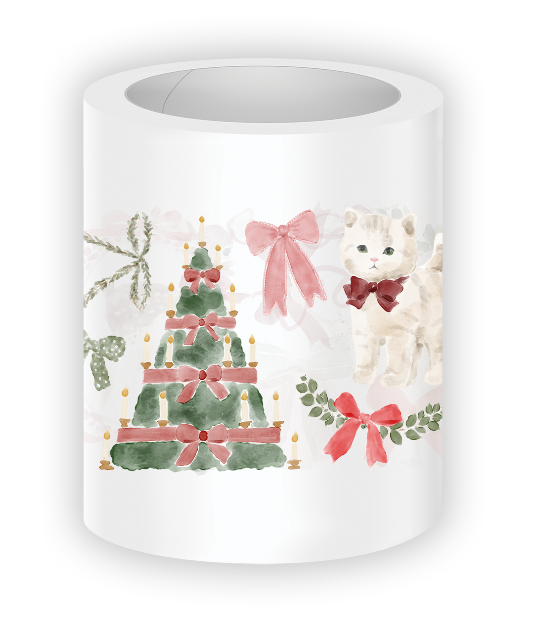 Pretty Little Christmas PET tape featuring a bow-decorated Christmas tree, watercolor kitten, festive ribbons, greenery, and soft pink holiday accents.