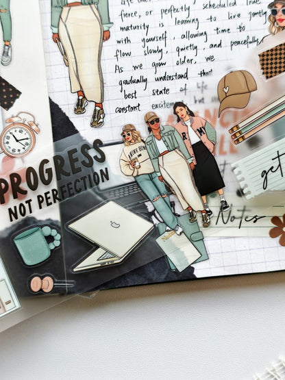 Detailed view of motivational PET tape featuring stylish women, laptop, notebooks, stationery, coffee mug, and the phrase "Progress Not Perfection" in a modern productivity-inspired theme.
