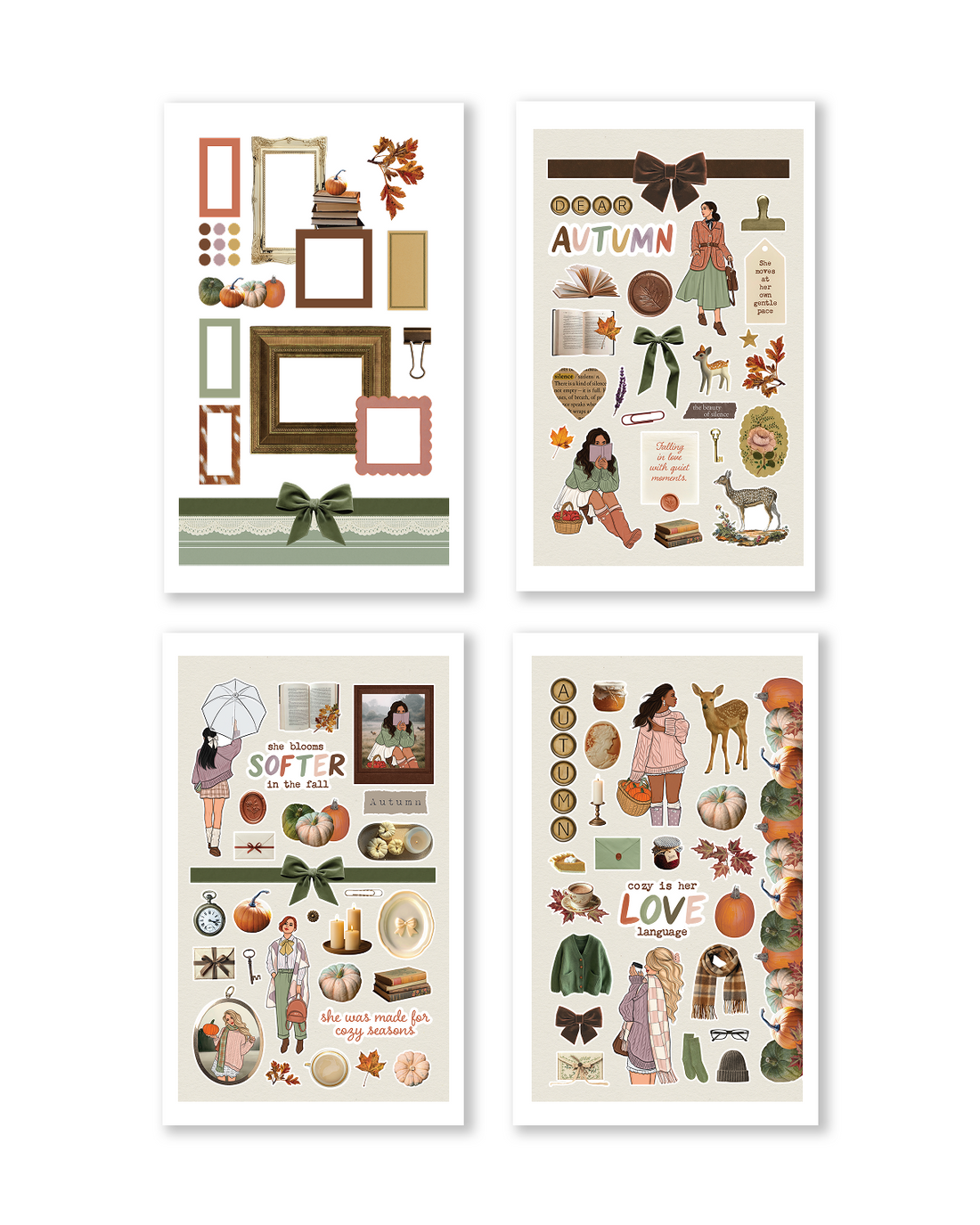 Autumn sticker page with decorative frames, pumpkins, bows, books, and cozy fall elements