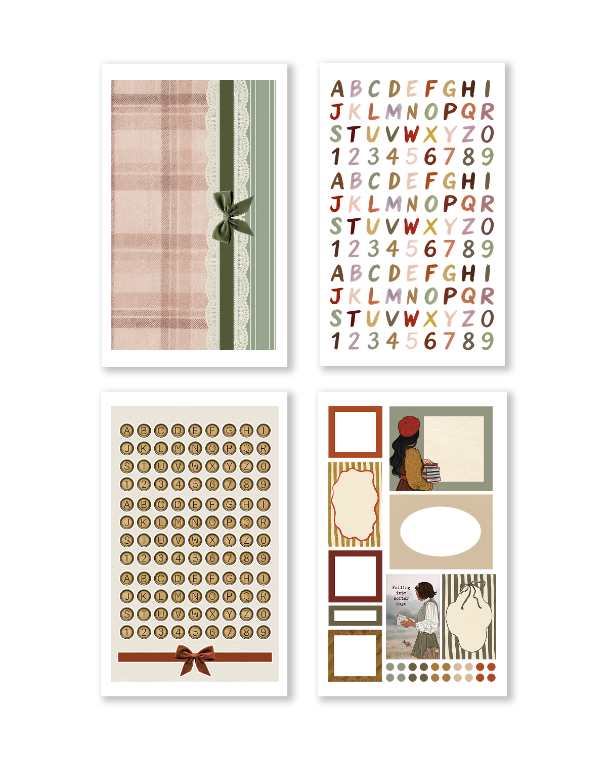 Cozy autumn sticker sheet with candles, pumpkins, reading scenes, and soft fall quotes
