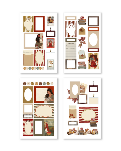 Fall aesthetic stickers featuring outfits, pumpkins, coffee, and cozy lifestyle elements