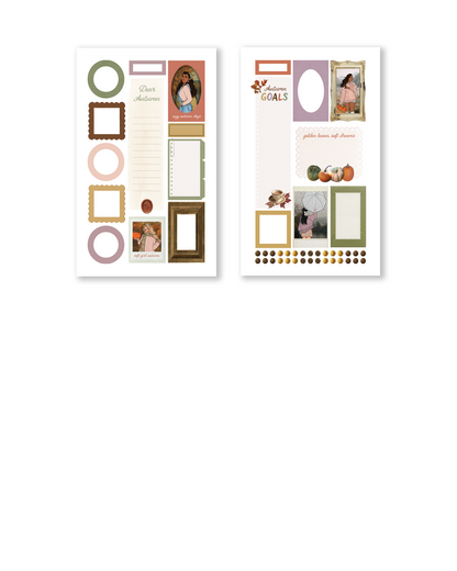 Journaling stickers with frames, envelopes, books, and autumn themed decorative elements