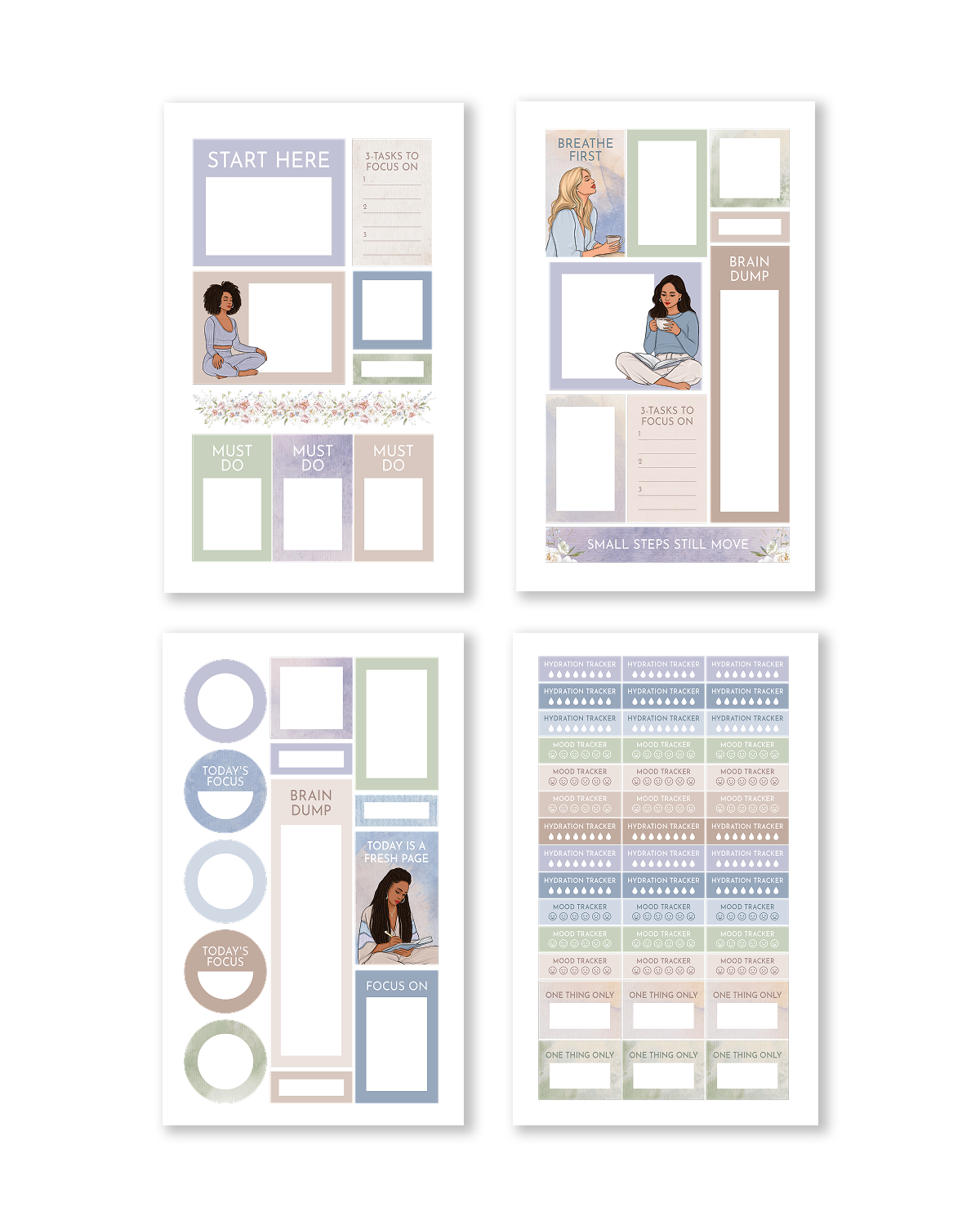 Set of four motivational posters with text and images on a white background
