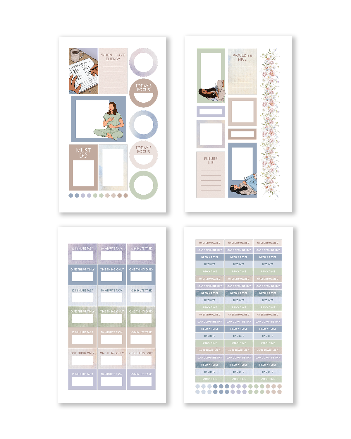 Functional planner stickers with start here boxes, must do sections, focus boxes, hydration trackers, mood trackers, and soft floral accents