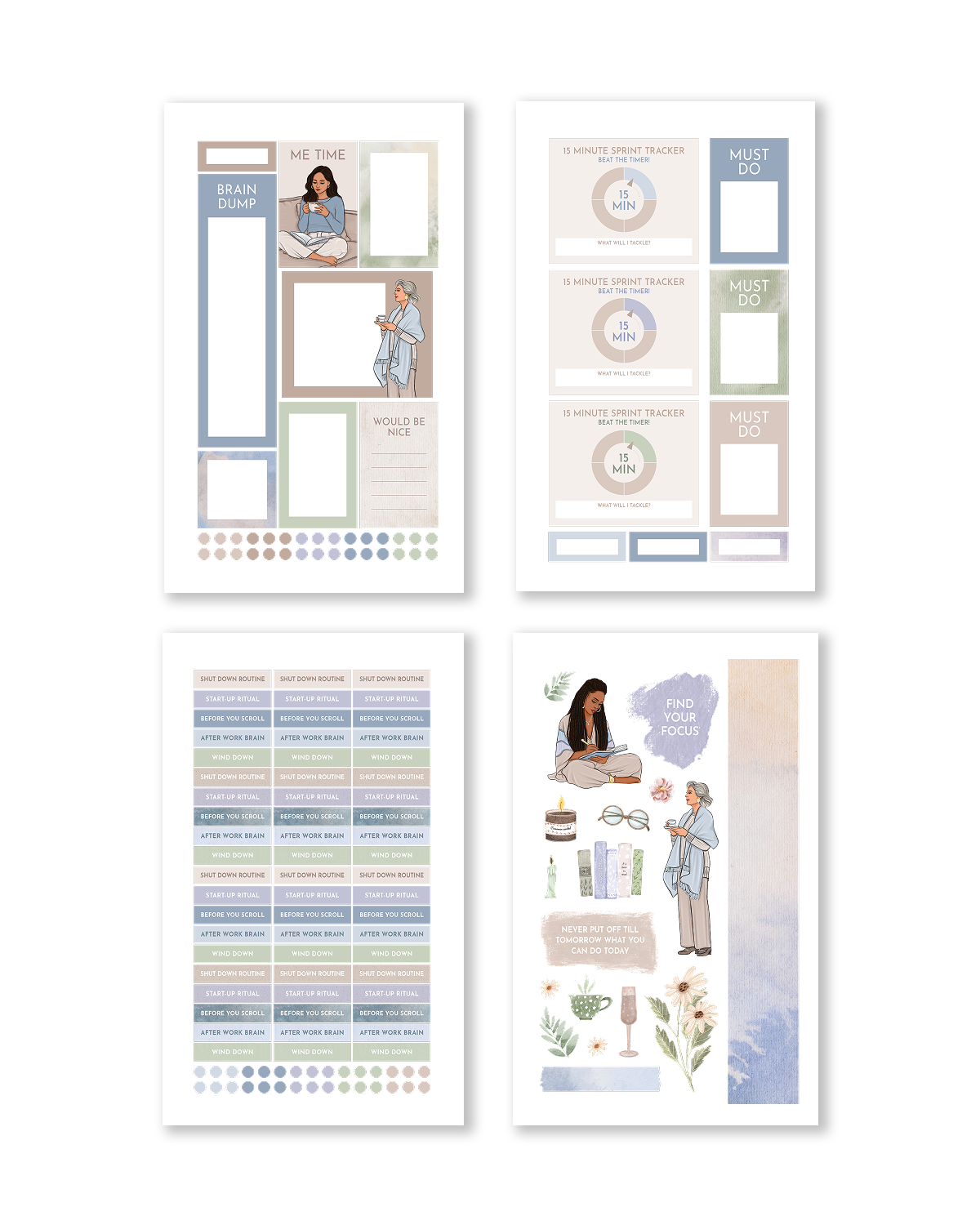 Set of planner stickers with various designs on a white background