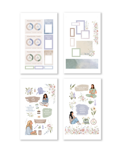 Set of four framed prints with various designs on a white background