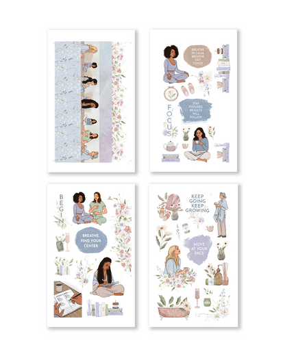 Set of four motivational posters with illustrated women and quotes on a white background