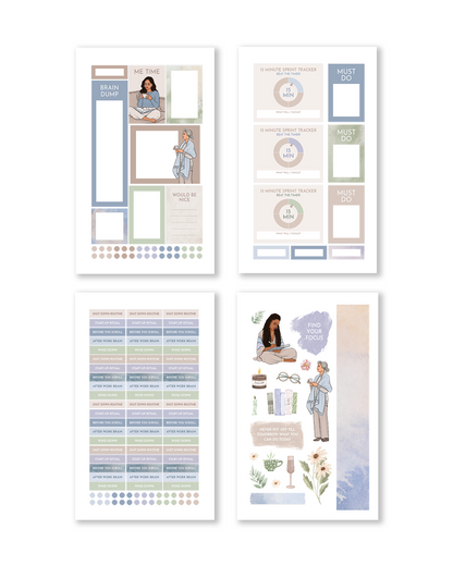 Set of planner stickers with various designs on a white background