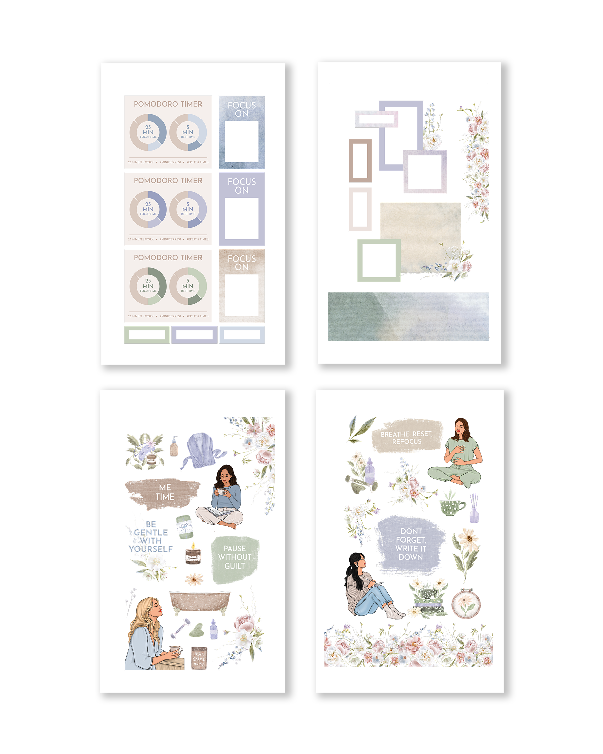 Set of four framed prints with various designs on a white background