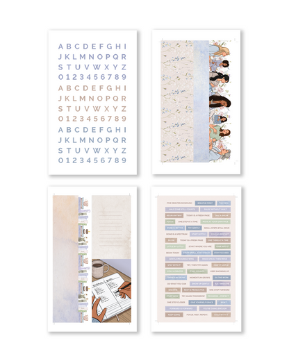 Set of four wall art prints with different designs on a white background