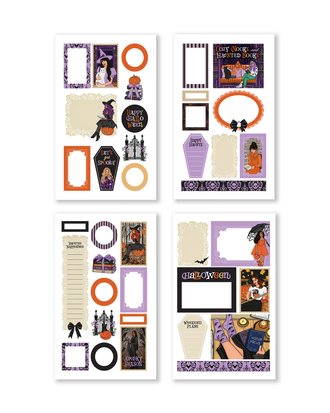 Halloween patterned paper stickers featuring gothic damask prints, orange and purple stripes, skull patterns, bats, and spooky decorative journaling papers.