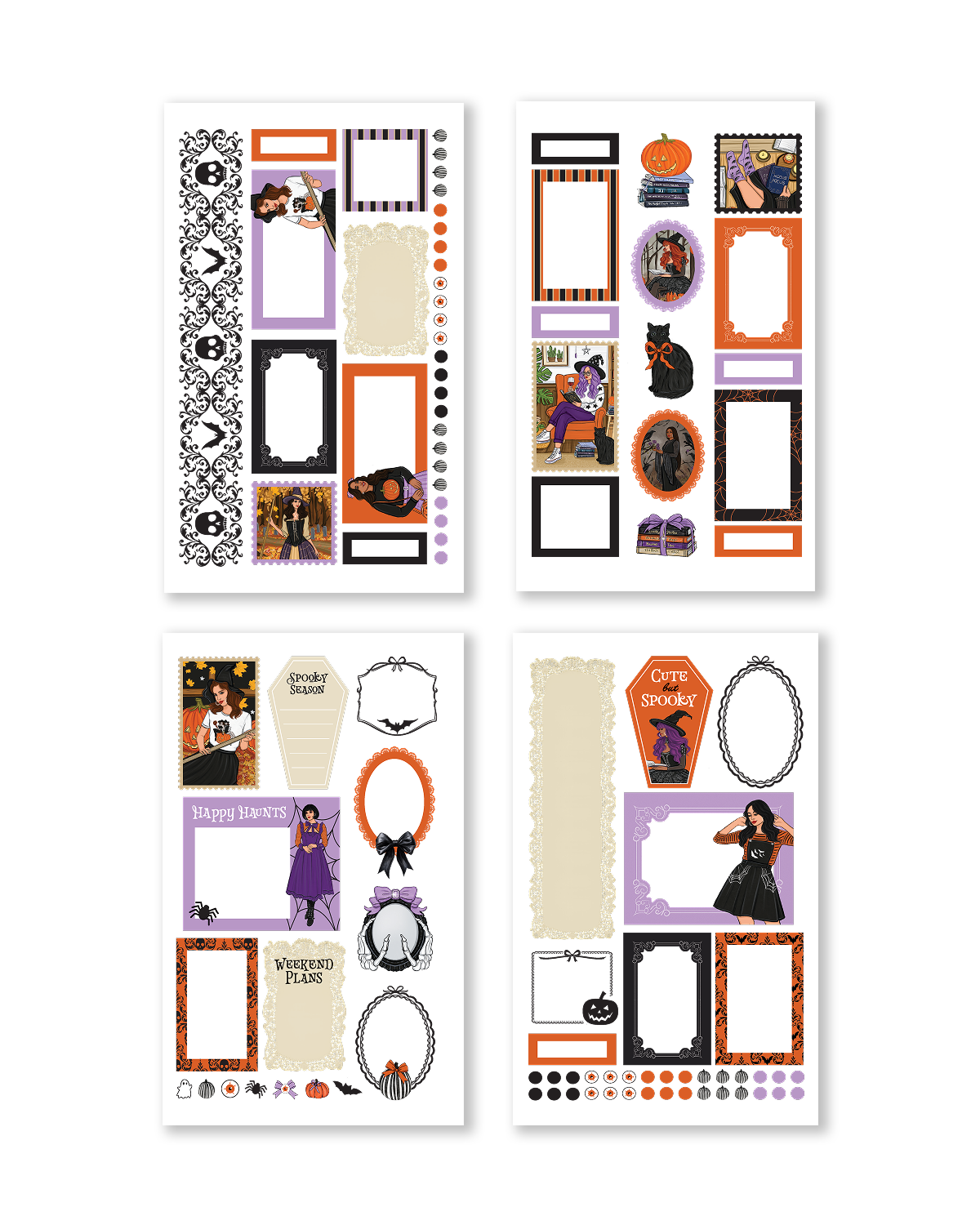 Decorative Halloween border stickers and spooky patterned strips in orange, lavender, black, and cream with gothic and vintage-inspired designs.