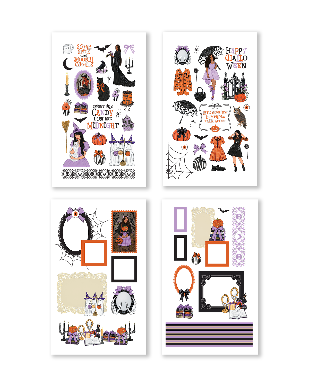 Halloween quote stickers, spooky lettering alphabet, pumpkins, witches, mirrors, bats, owls, and decorative spooky journaling elements.