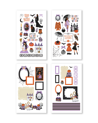 Halloween quote stickers, spooky lettering alphabet, pumpkins, witches, mirrors, bats, owls, and decorative spooky journaling elements.