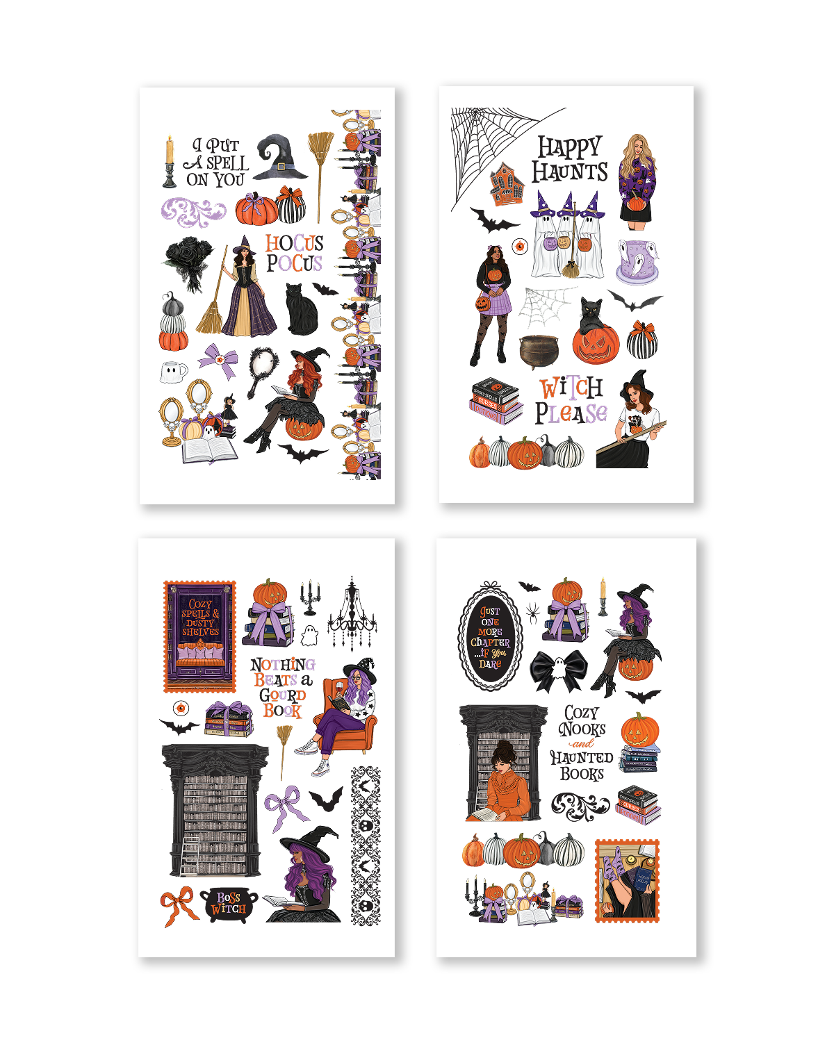 Witchcore Halloween stickers featuring witches, spell books, pumpkins, black cats, haunted gates, candles, mirrors, and spooky autumn décor.