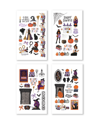Witchcore Halloween stickers featuring witches, spell books, pumpkins, black cats, haunted gates, candles, mirrors, and spooky autumn décor.