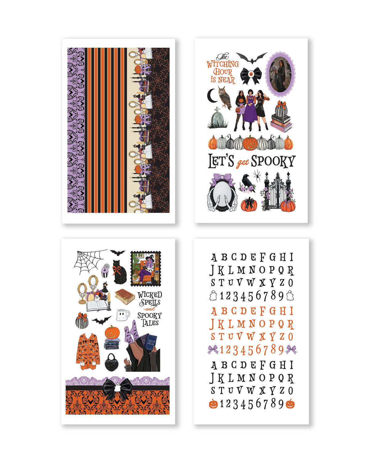 Cozy spooky season stickers with witches reading books, haunted libraries, pumpkins, gothic décor, bats, candles, and Halloween phrases.