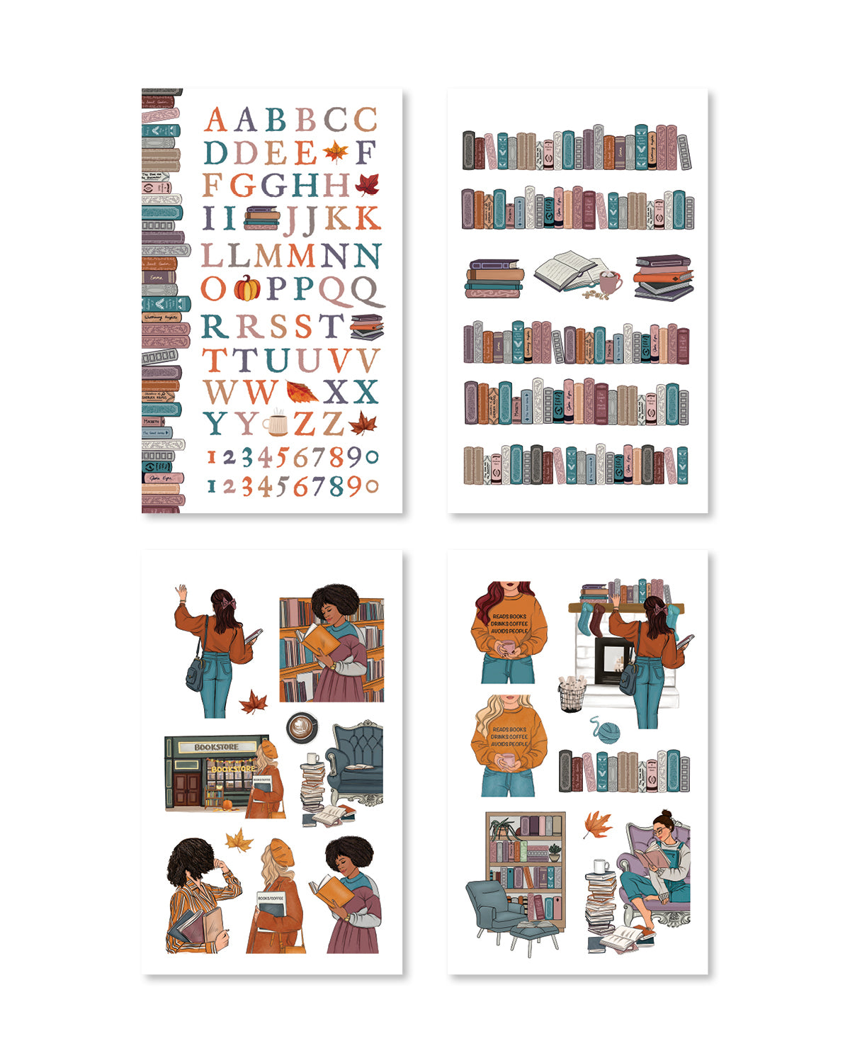 Cute stickers illustrating cozy reading settings, featuring comfy chairs and hot drinks, ideal for enhancing planners.