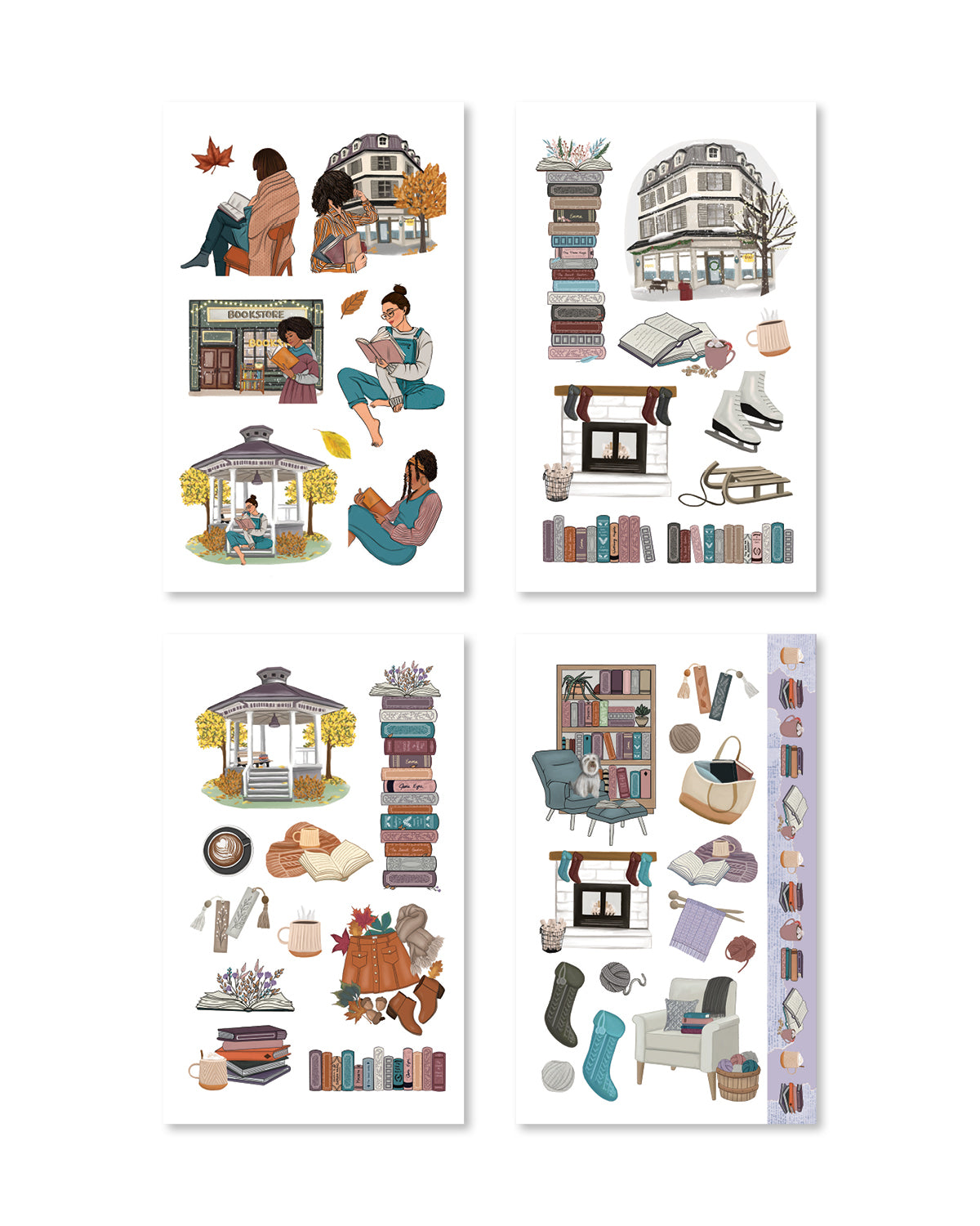 Adorable stickers depicting cozy reading scenes, including comfy chairs and warm beverages, perfect for planner decoration.