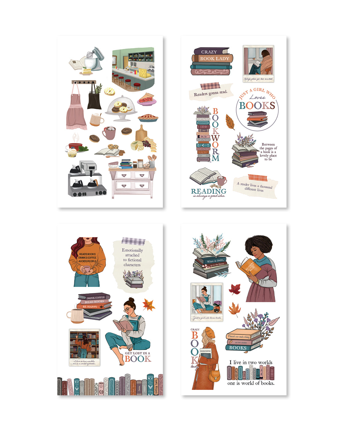 Cute stickers illustrating cozy reading settings, featuring comfy chairs and hot drinks, ideal for enhancing planners.