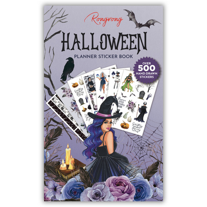 Sticker Book featuring labels and reminders, adorned with Halloween-themed graphics and stylish patterns for planners.