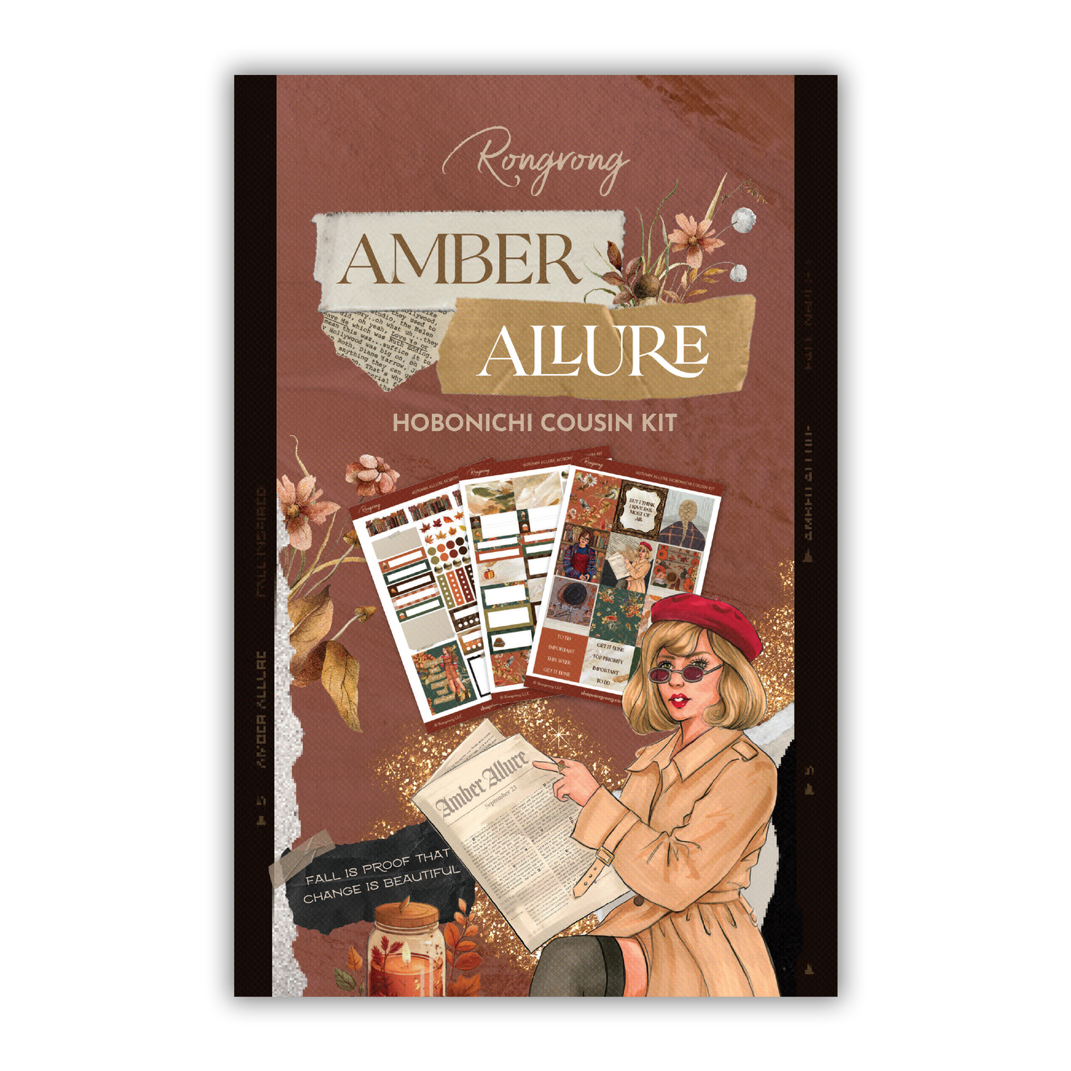 Sticker kit cover featuring elegant autumn designs with warm hues, including leaves, florals, and stylish lettering.