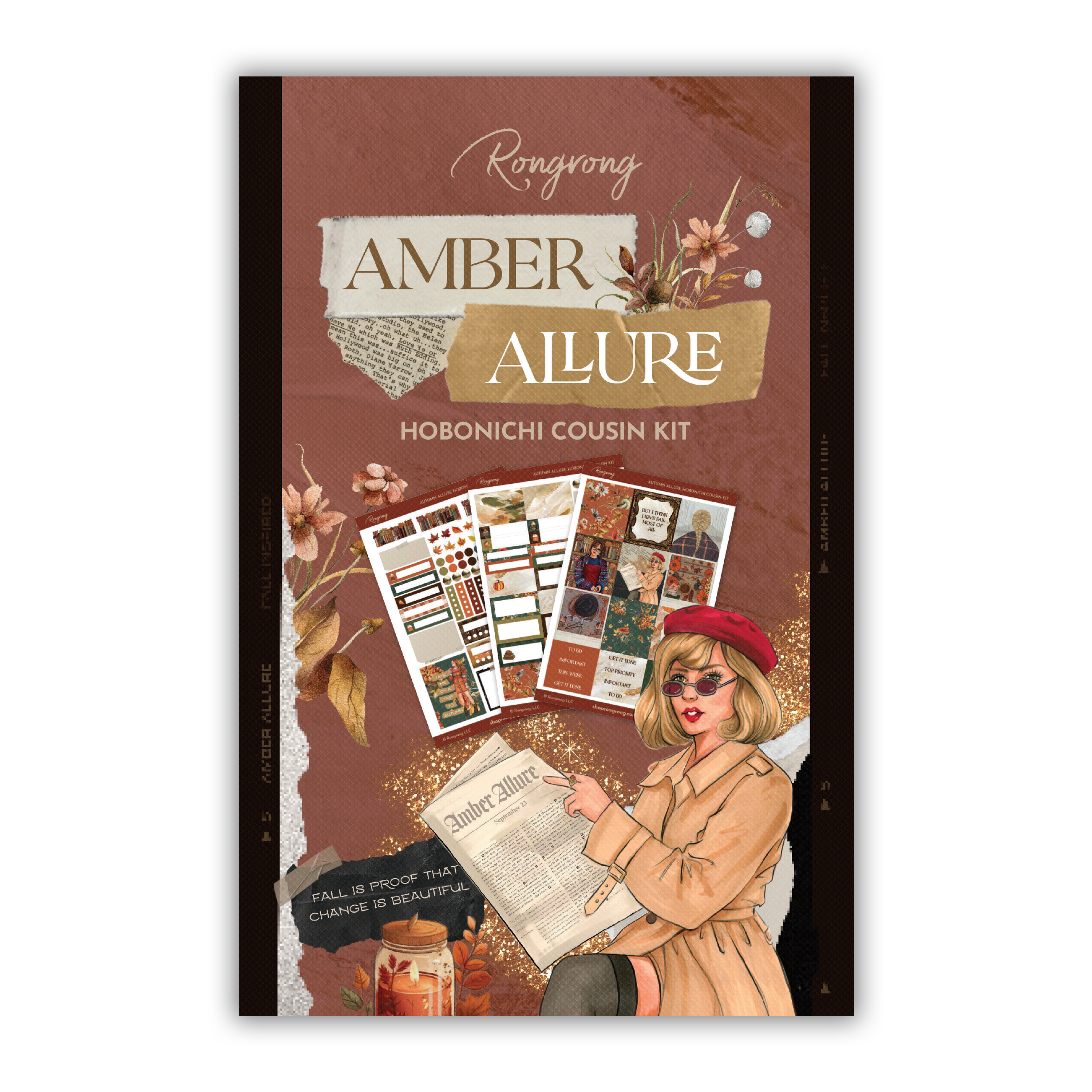 Sticker kit cover featuring elegant autumn designs with warm hues, including leaves, florals, and stylish lettering.