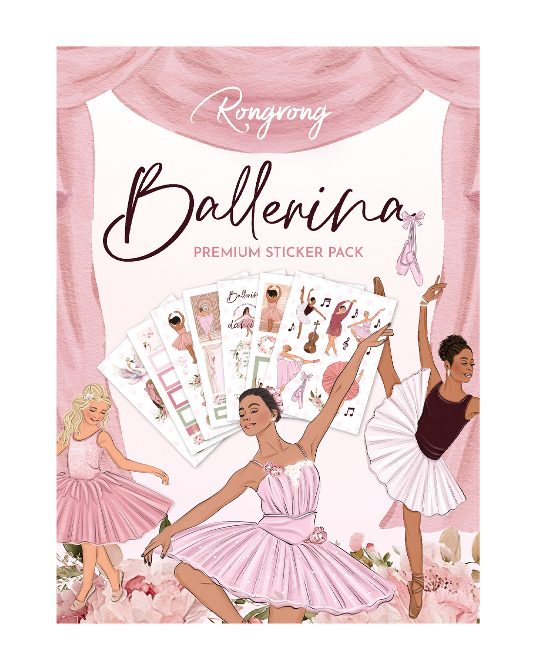 Sticker pack cover featuring a graceful ballerina in a pink tutu, surrounded by elegant dance-themed designs.