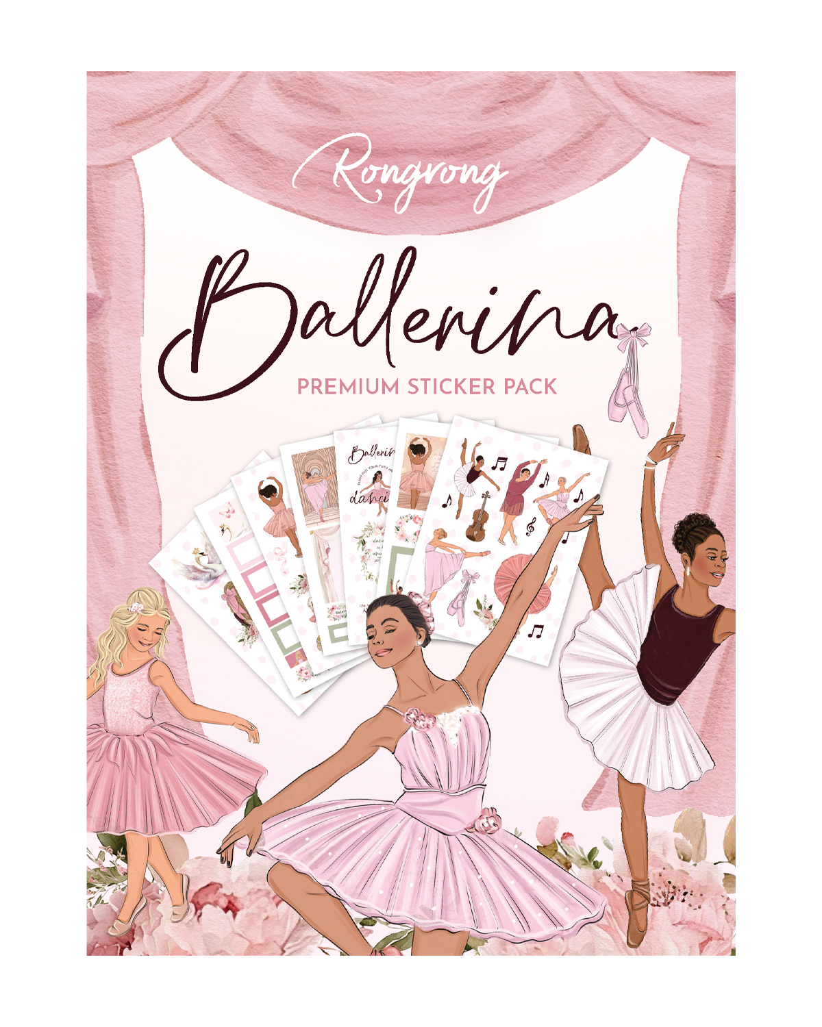 Sticker pack cover featuring a graceful ballerina in a pink tutu, surrounded by elegant dance-themed designs.