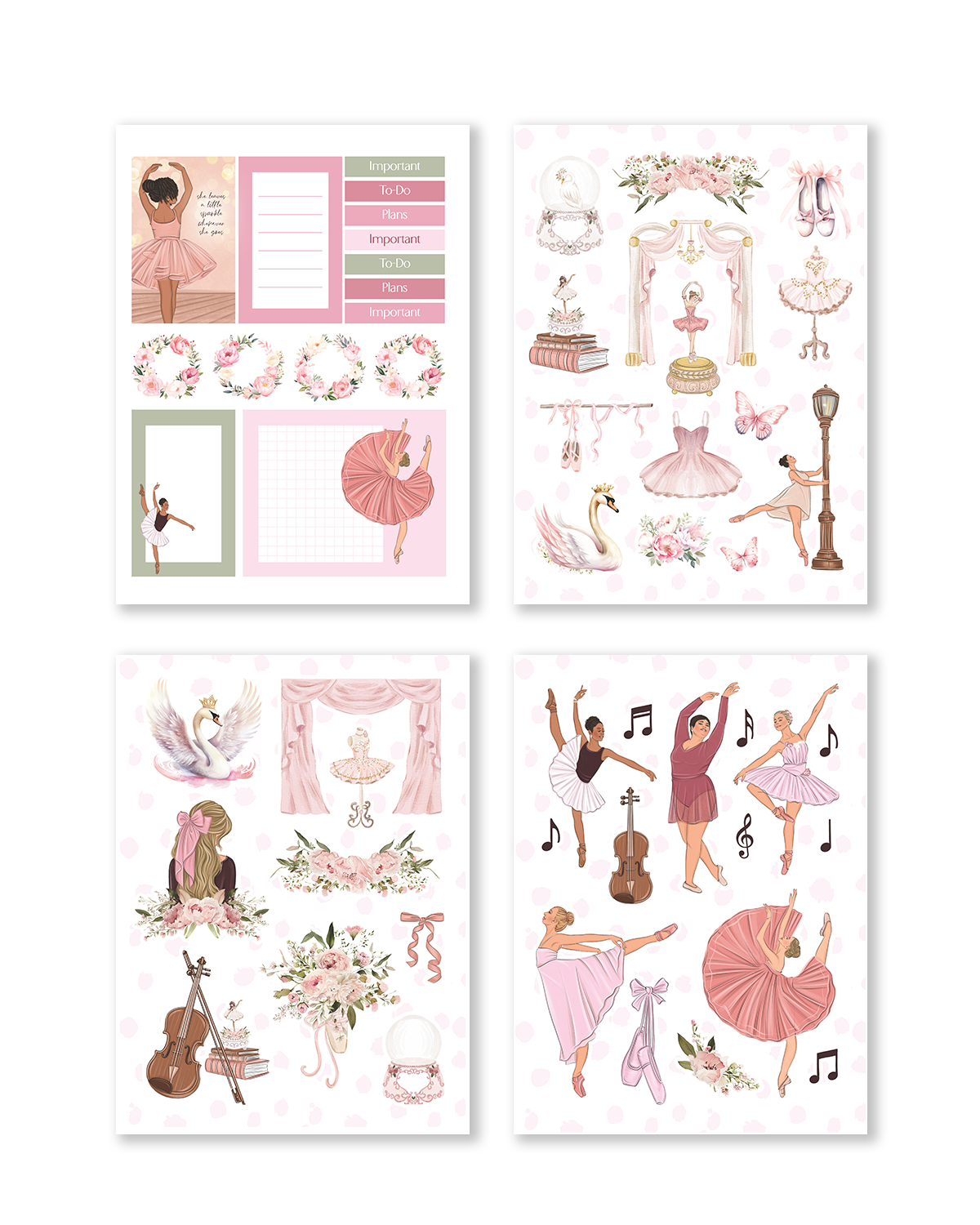 Variety of functional stickers including labels and banners, designed with a ballet aesthetic in gentle pastel tones.