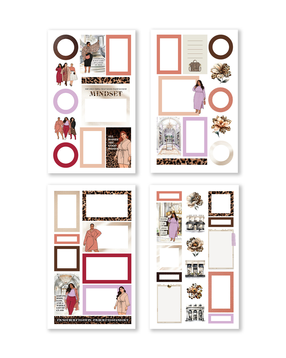 Planner stickers featuring curvy women in stylish outfits
