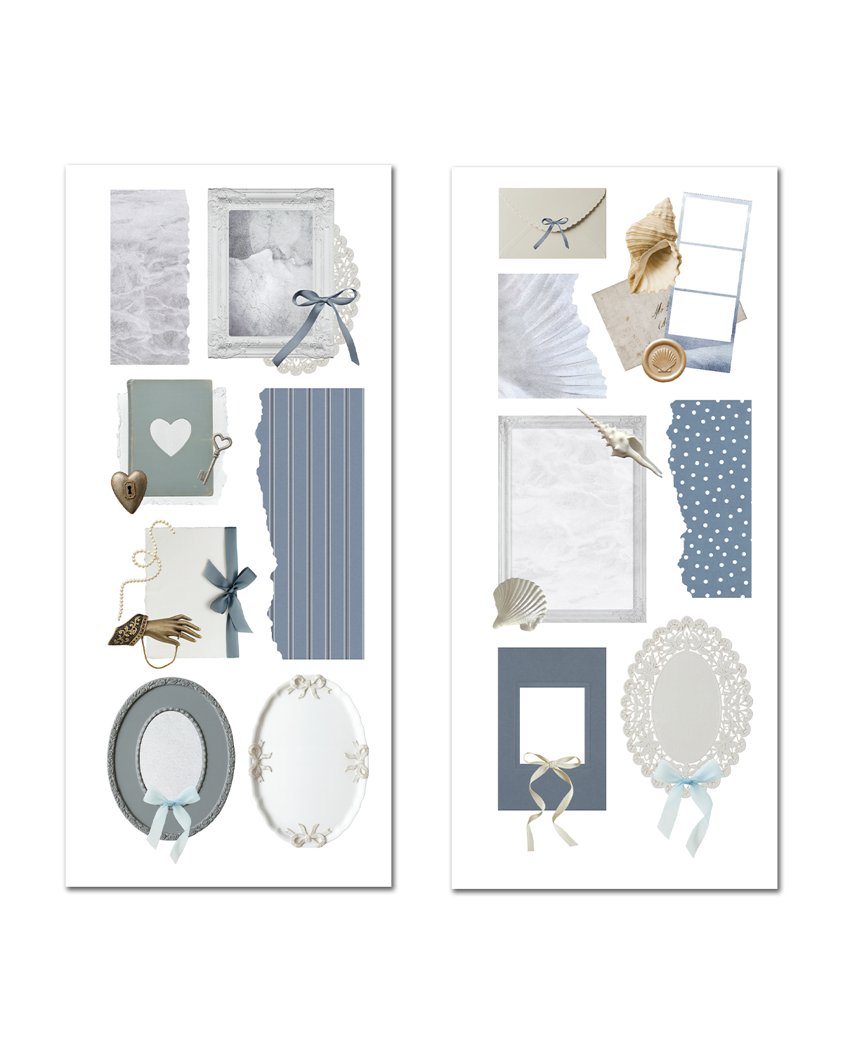 Vintage blue junk journal stickers with feminine fashion illustrations