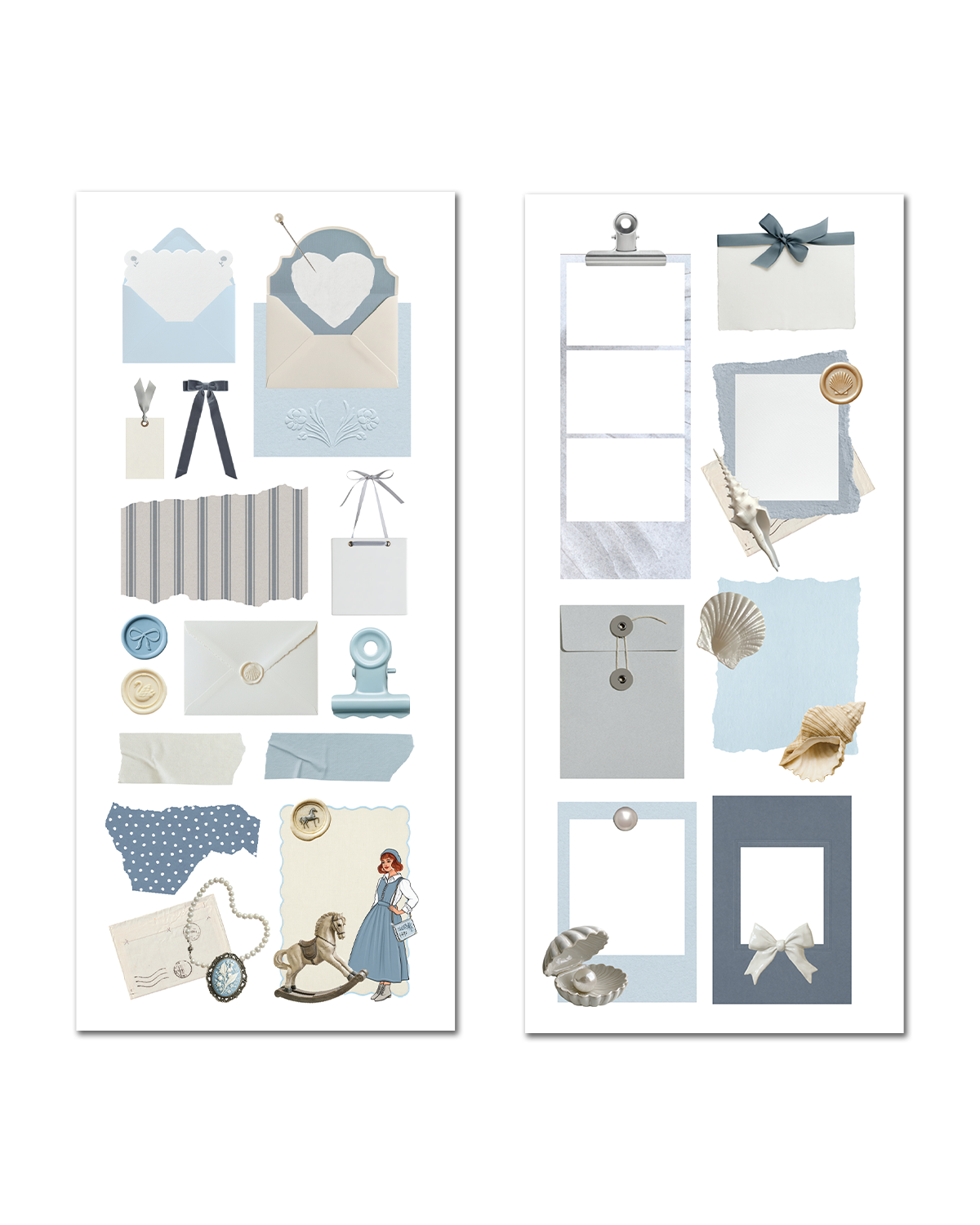 Powder blue ephemera sticker sheets for scrapbooking and journaling
