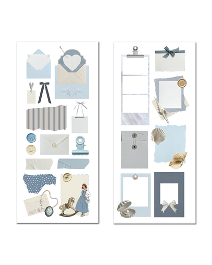 Powder blue ephemera sticker sheets for scrapbooking and journaling