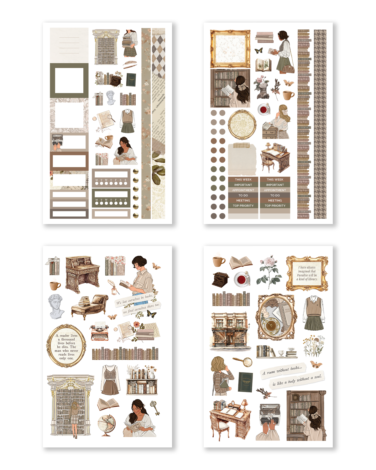 Bookworm Hobonichi Sticker Book flatlay with cozy reading stickers