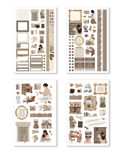 Bookworm Hobonichi Sticker Book flatlay with cozy reading stickers