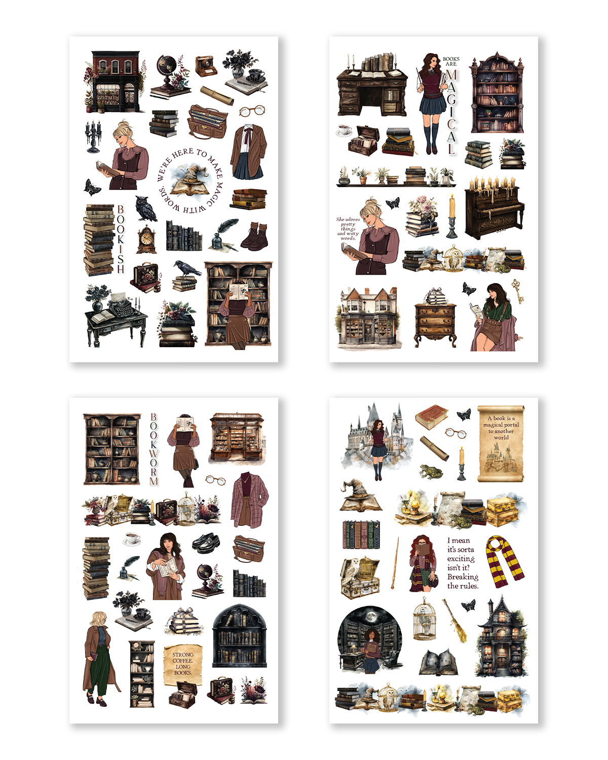 Close-up of bookish planner stickers for journaling