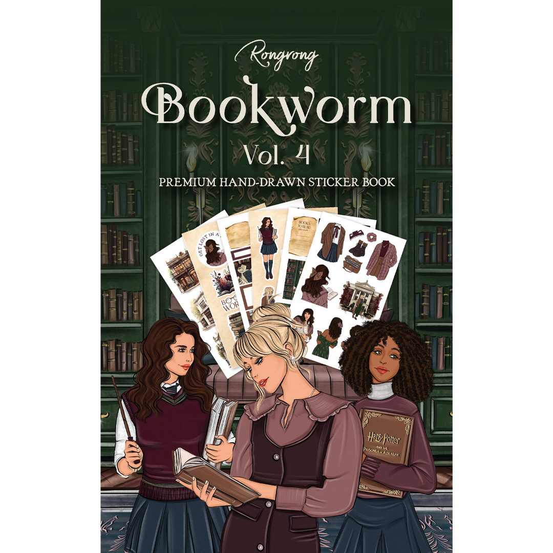 Sticker book cover featuring whimsical illustrations of books, reading glasses, and cozy library scenes in warm colors.