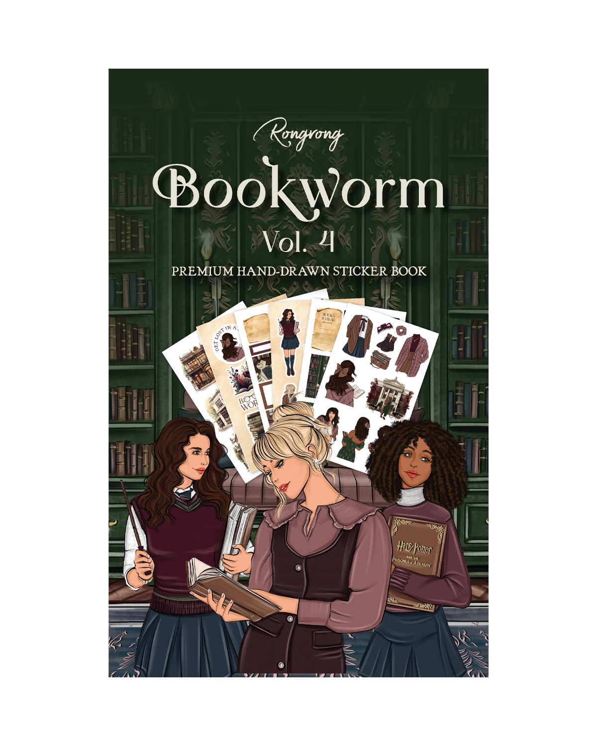 Sticker book cover featuring whimsical illustrations of books, reading glasses, and cozy library scenes in warm colors.