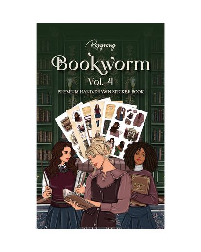 Sticker book cover featuring whimsical illustrations of books, reading glasses, and cozy library scenes in warm colors.