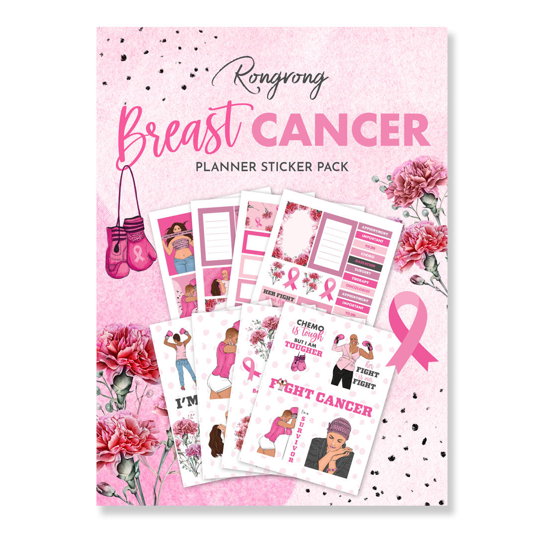 Sticker pack cover featuring a pink ribbon design alongside empowering phrases and floral accents in soft pink tones.