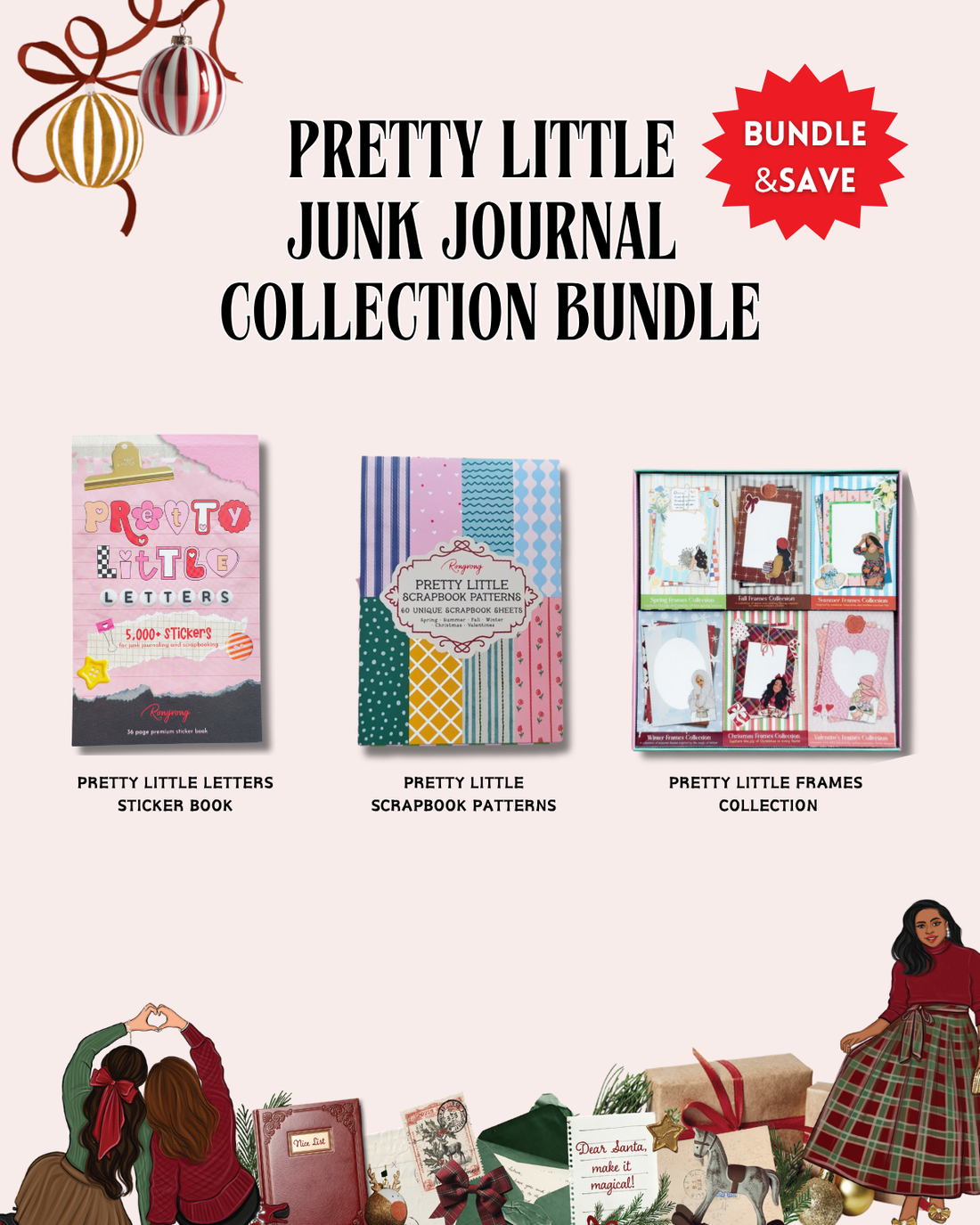 Promotional graphic for the Pretty Little Junk Journal Collection Bundle, featuring three booklets and a frames collection displayed on a light pink background with decorative holiday illustrations and text.