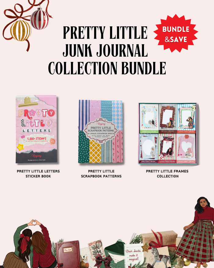 Promotional graphic for the Pretty Little Junk Journal Collection Bundle, featuring three booklets and a frames collection displayed on a light pink background with decorative holiday illustrations and text.