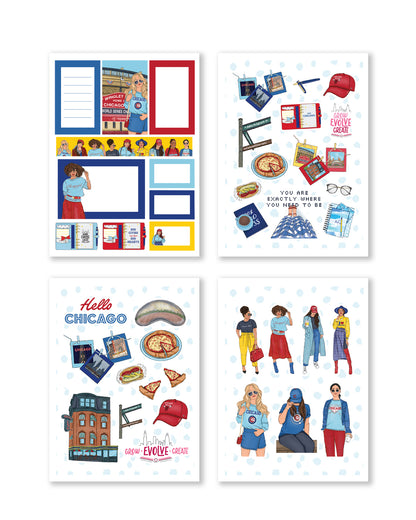 A variety of stickers depicting Chicago-themed phrases and images, perfect for personalizing planners and journals.