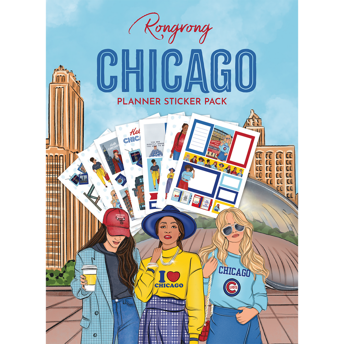 Sticker pack cover featuring vibrant illustrations of Chicago landmarks and skyline in bold colors.