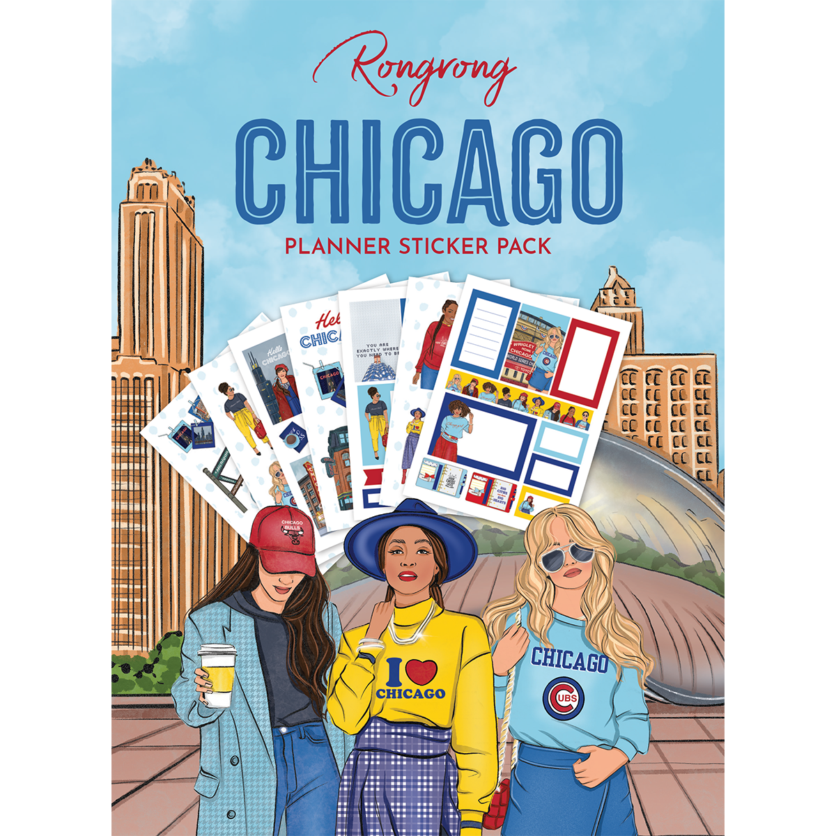 Sticker pack cover featuring vibrant illustrations of Chicago landmarks and skyline in bold colors.