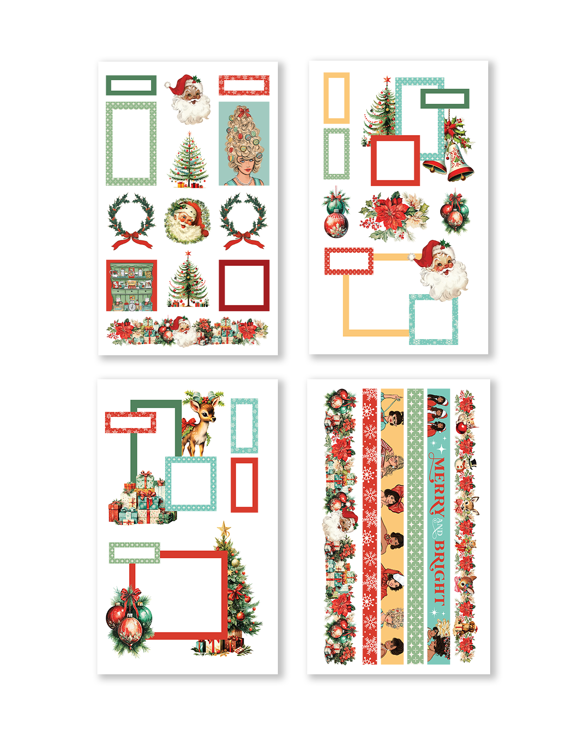 A variety of vibrant stickers fills the open sticker book, ideal for festive planner decoration.